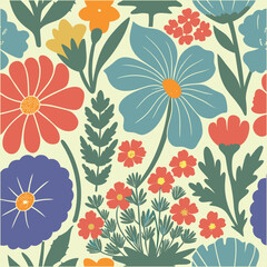 Abstract wildflower pattern. Blooming spring red,blue and off white flowers in elegant. Flowers in pastel colors.eps 10.