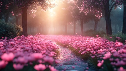 Magical pink flower path at sunrise.