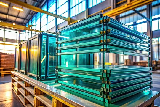Insulated Glass Units Stacked on Support Stand in Workshop - Closeup Stock Photo