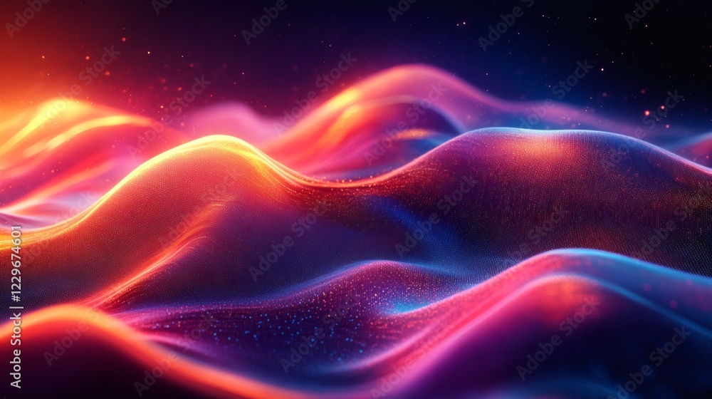 Poster dynamic wave motion bright neon colors with a futuristic gradient background and geometric textures 