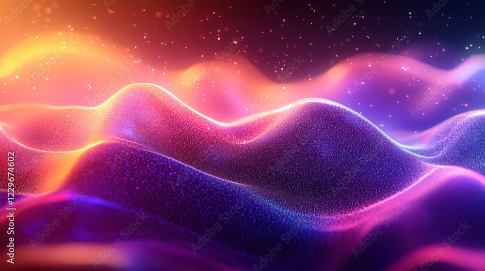 Poster dynamic wave motion bright neon colors with a futuristic gradient background and geometric textures 