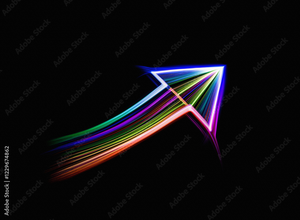 Poster a vibrant, multicolored arrow ascends against a stark black background, its neon glow suggesting spe