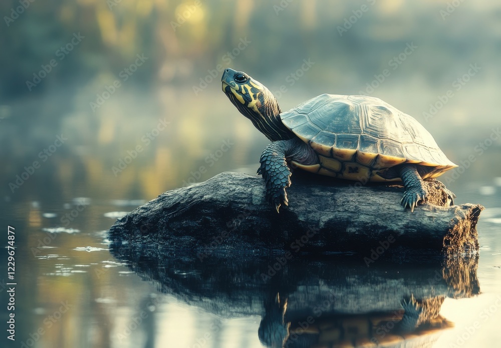 Poster serene turtle resting on a log in tranquil waters with misty background creating a peaceful nature s