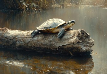 Obraz premium Serene Turtle Relaxing on Moss-Covered Log in Calm Waters Surrounded by Lush Greenery and Soft Morning Light in a Peaceful Natural Setting