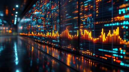 Futuristic digital data wall displaying stock market graphs and financial information.