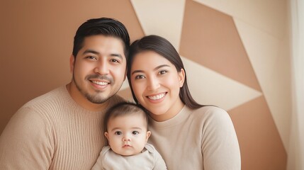 Fototapeta premium Joyful family portrait capturing love and togetherness in a cozy modern setting with a baby, highlighting warmth and connection