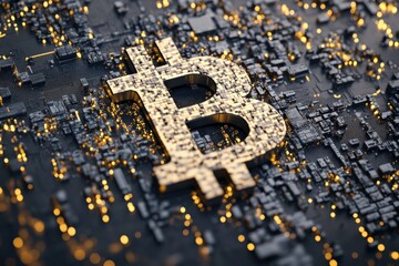 3D Bitcoin Symbol with Global Connections on Futuristic Background for Technology Concepts