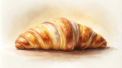 A Golden-Brown Croissant, Exquisitely Rendered in a Watercolor Style, Rests on a Simple Surface, Its Flaky Layers and Rich Texture Visible in Delicate Detail