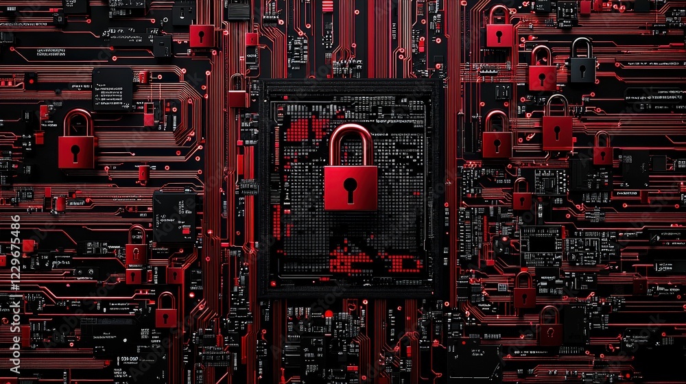 Poster red cybersecurity lock in digital circuit background