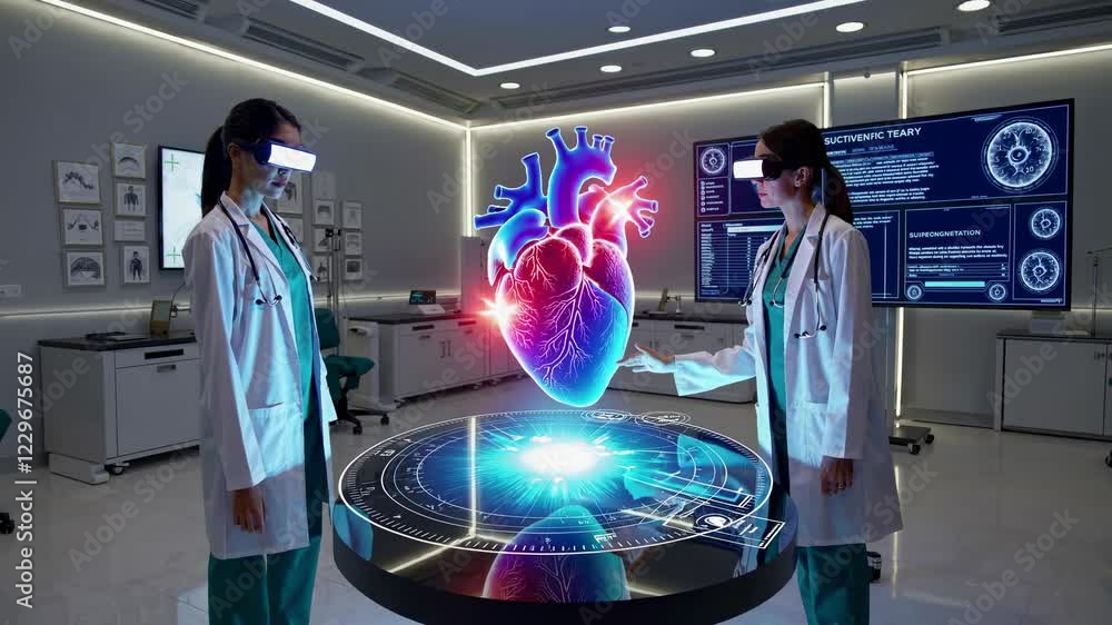 Poster exploring the advanced use of holograms in medical training environments with vfx and hud technology