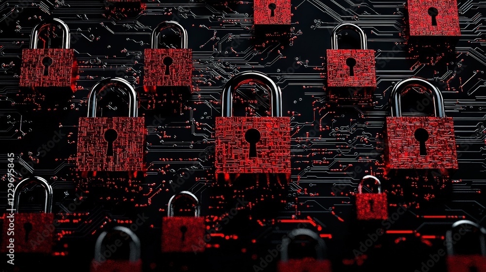 Poster red locks on black circuit board representing cyber security and data protection