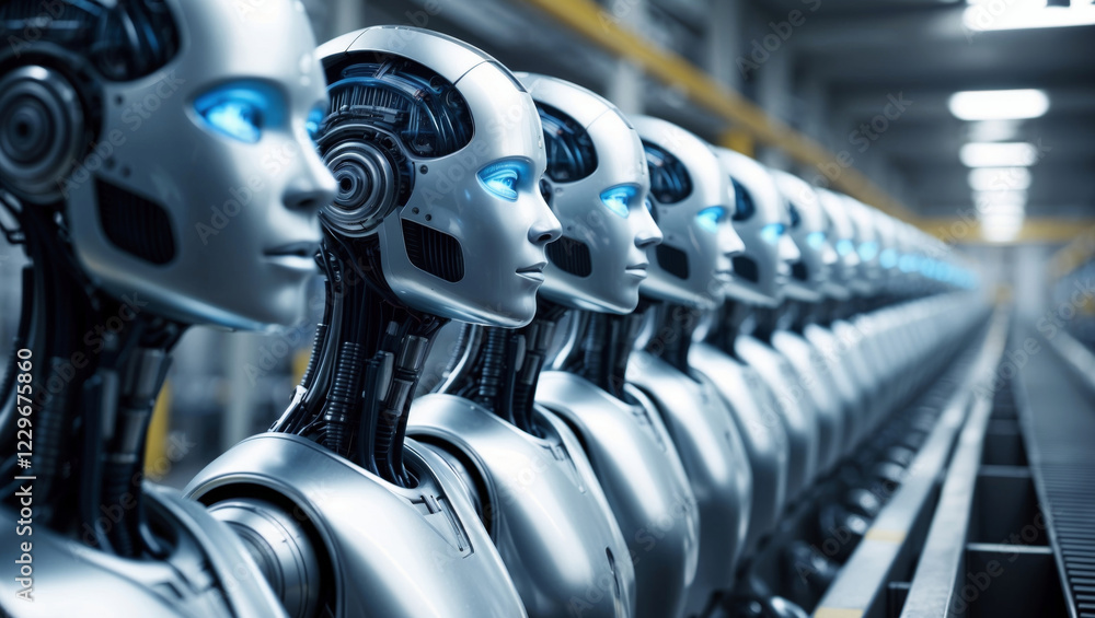 Poster futuristic sci-fi image depicting a row of humanoid robots in a factory