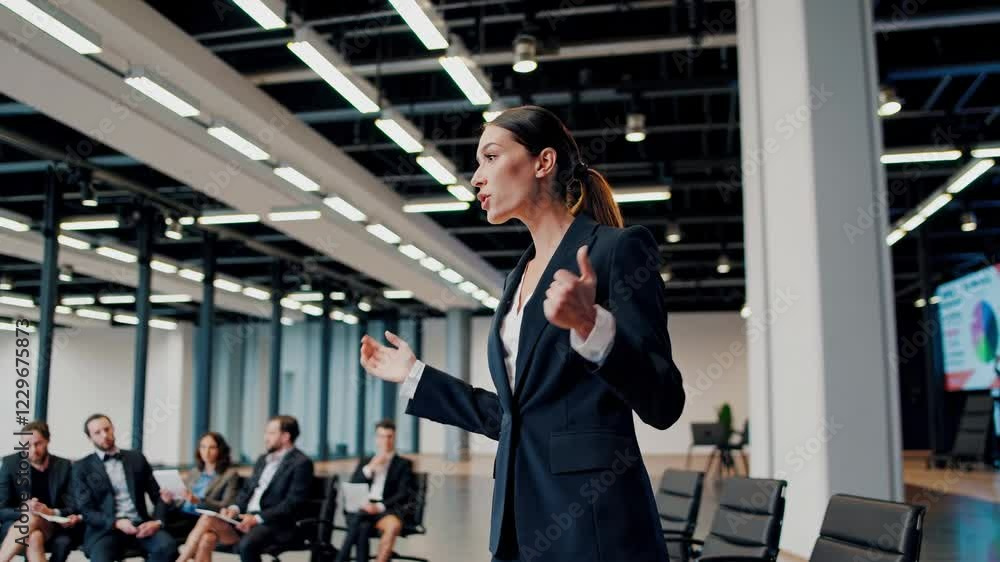 Aufkleber engaging speaker delivers a presentation in a modern conference hall with futuristic vfx and hud ele