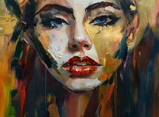A captivating portrait, rendered in expressive brushstrokes and rich colors.  The woman's intense gaze and bold red lips are striking against the textured background of warm and cool tones.