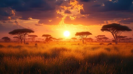 Vibrant sunset over African savanna with acacia trees and tall grass.