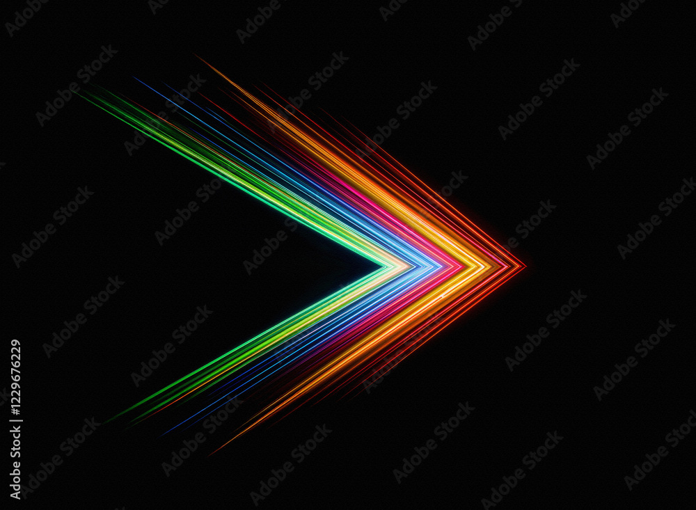 Poster a vibrant, multicolored arrowhead points right, radiating light against a stark black background. th