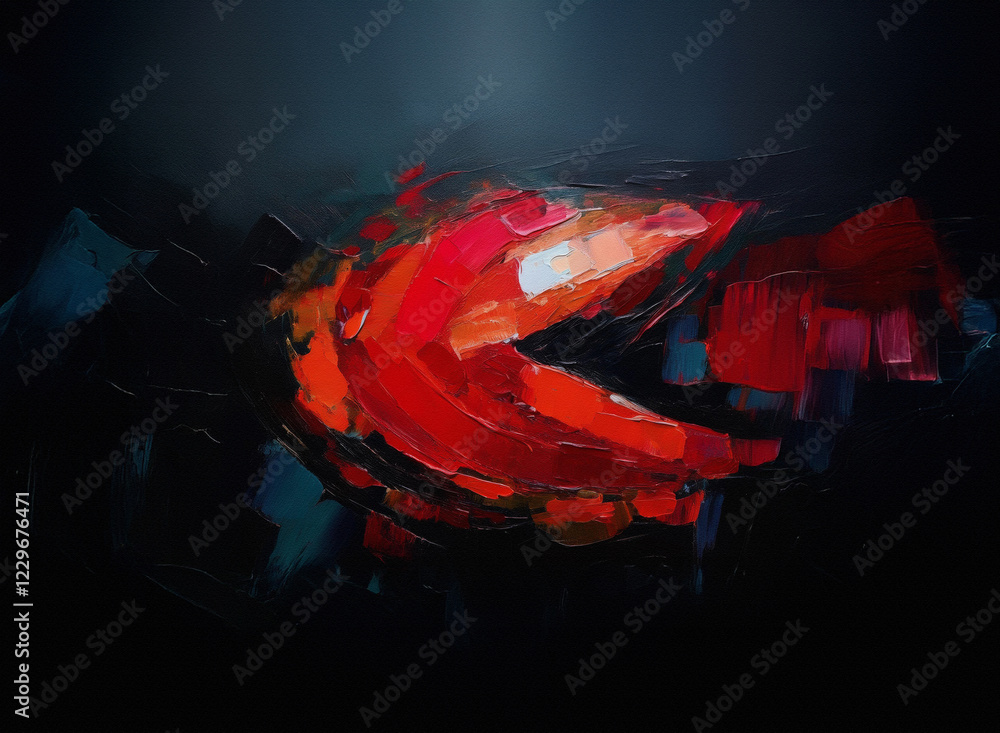 Poster abstract painting of a vibrant red form, possibly a flower or creature, against a dark background. t
