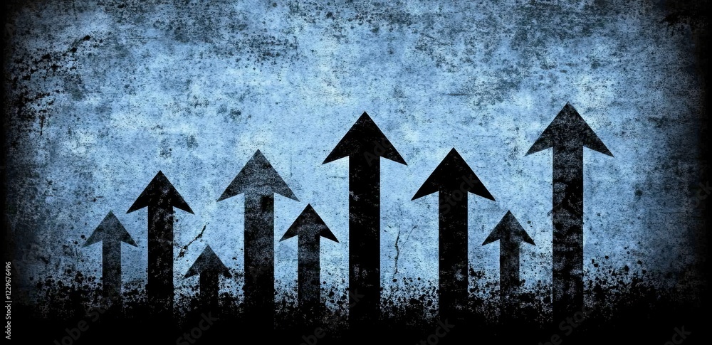 Poster an abstract financial graph displaying an uptrend line and arrows on a blue background, representing