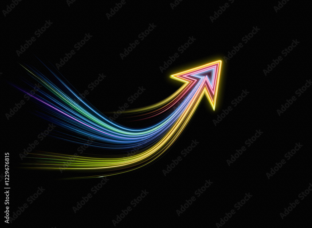 Poster A vibrant arrow ascends, trailing colorful, dynamic streaks against a stark black backdrop.  It symbolizes growth, progress, and upward momentum.