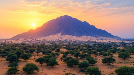 Naklejka premium Sunrise over a desert mountain with sand dunes and lush green trees.