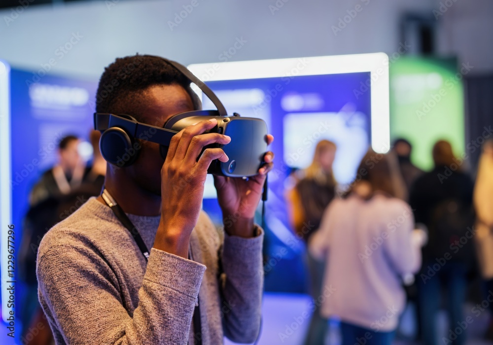 Aufkleber software engineer adjusting vr goggles, exploring immersive virtual reality at a technology conferen