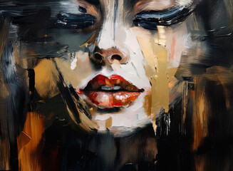 A captivating portrait of a woman, eyes closed, rendered in expressive oil paint.  Golden and dark hues blend dramatically, suggesting emotion and vulnerability. The paint's texture is palpable.