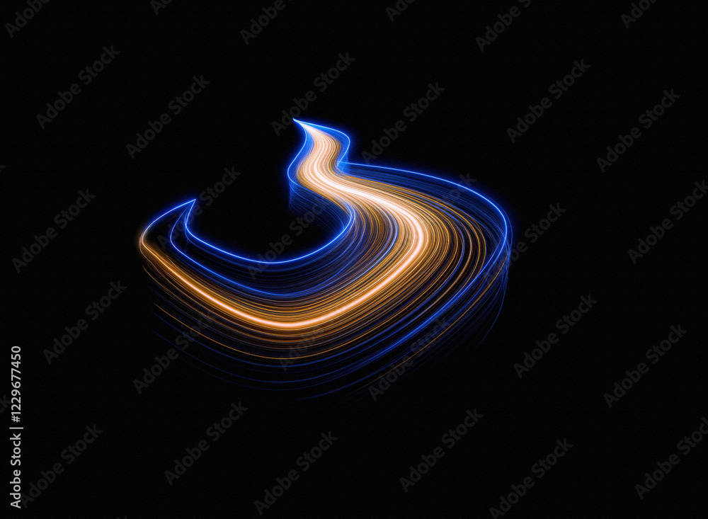 Poster abstract light painting art. glowing blue and orange trails create a dynamic, swirling, three-dimens
