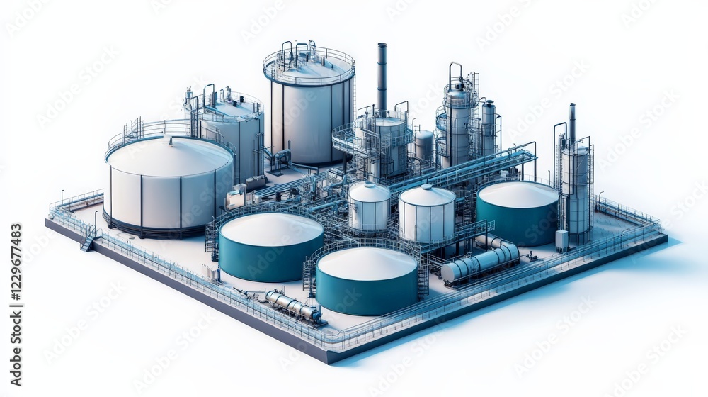 Aufkleber factory water storage system with multiple tanks connected by pipelines, technical design, clean whi