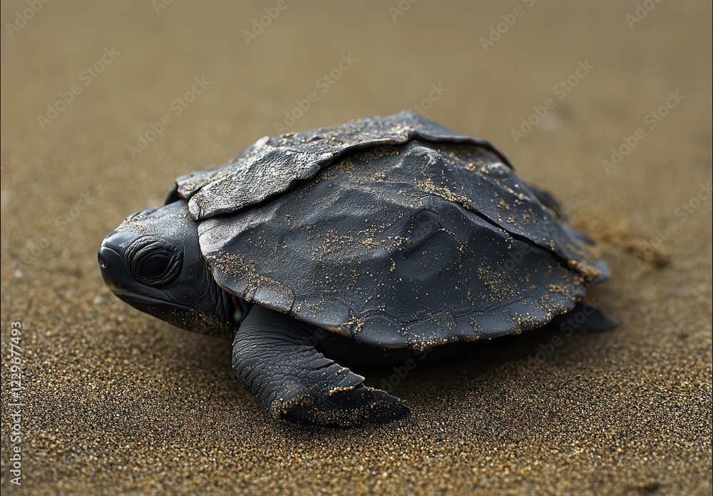 Poster small turtle resting on sandy beach with dark shell and soft texture, natural light highlighting the