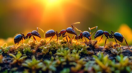 Fototapeta premium Five ants on moss at sunset.
