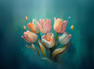 A digital painting of a bouquet of pastel tulips against a teal background.  The soft light enhances the delicate petals and creates a tranquil mood.
