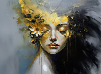 A serene female portrait, half bathed in golden light and flowers, the other half shadowed with dark, feathery strokes.  The contrast highlights inner duality.