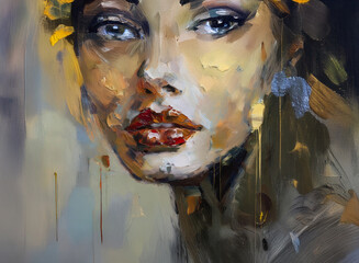 A captivating portrait of a woman, adorned with sunflowers, rendered in expressive brushstrokes.  The artwork showcases a blend of warm and cool tones, creating a mood of pensive beauty.