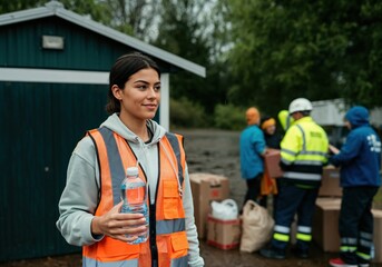 Young woman volunteer wearing safety vest holding water bottle during humanitarian aid distribution in rainy weather