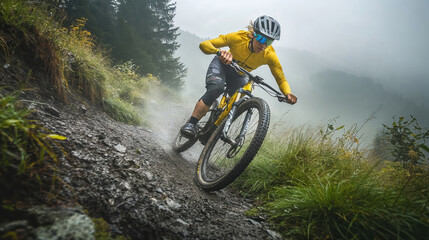 Naklejka premium Professional female cyclist riding mountain bike on muddy trail in misty forest