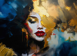 Abstract portrait of a woman, rich in texture and color.  Bold gold and deep blues create a dramatic effect, highlighting her features.  The style is expressive and impasto.