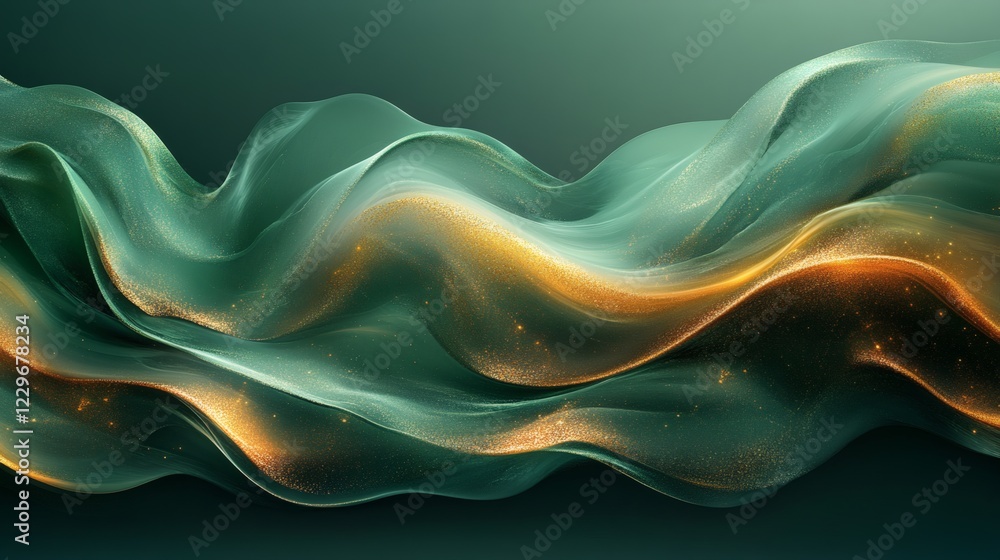 Poster elegant combination of dark green soft gold flowing waves in an abstract background with grainy text