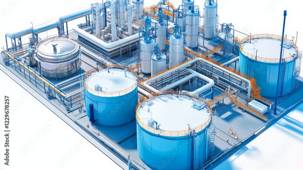 Poster factory water storage system with multiple tanks connected by pipelines, technical design, clean whi
