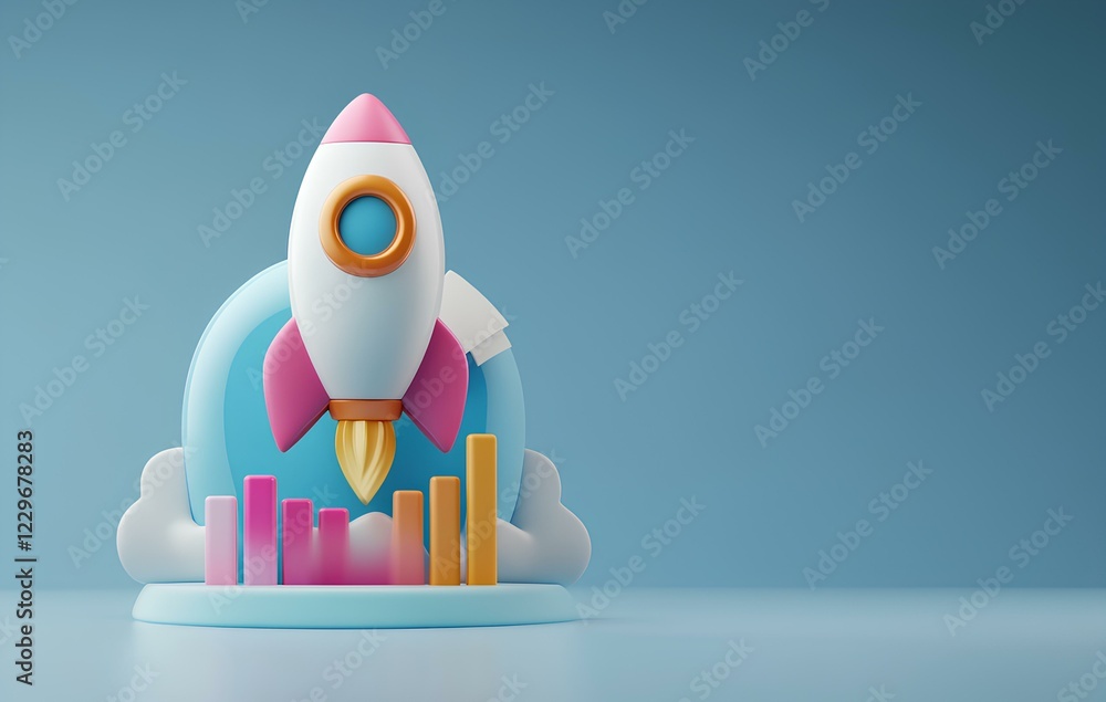 Poster 3d icon of a rocket taking off, with a chart and graph on top showing an upward trend, and a bar gra