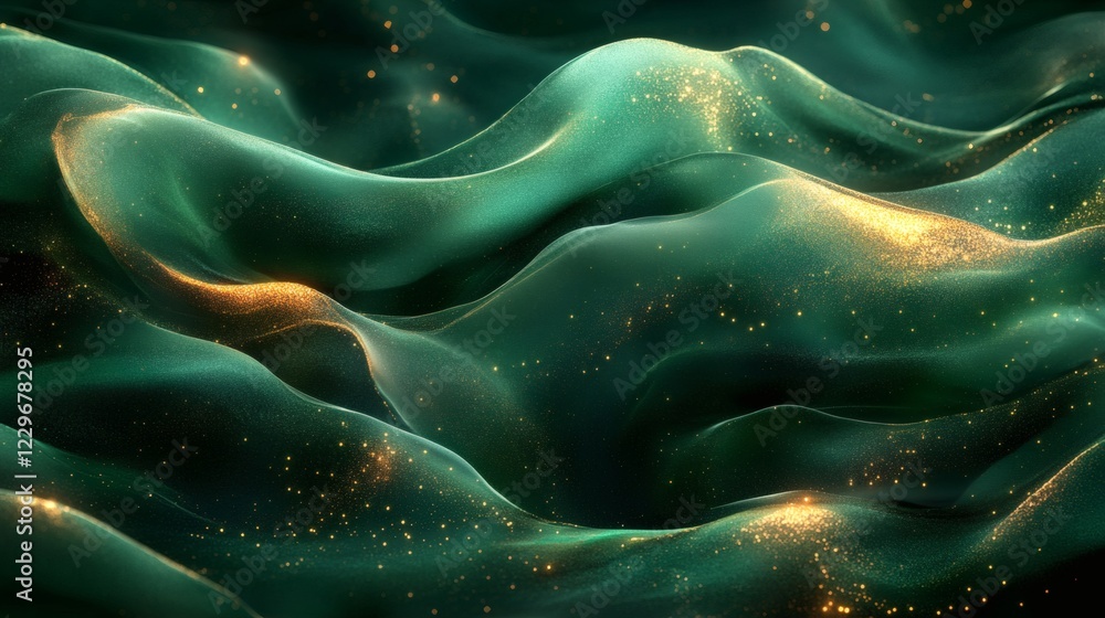 Poster elegant combination of dark green soft gold flowing waves in an abstract background with grainy text