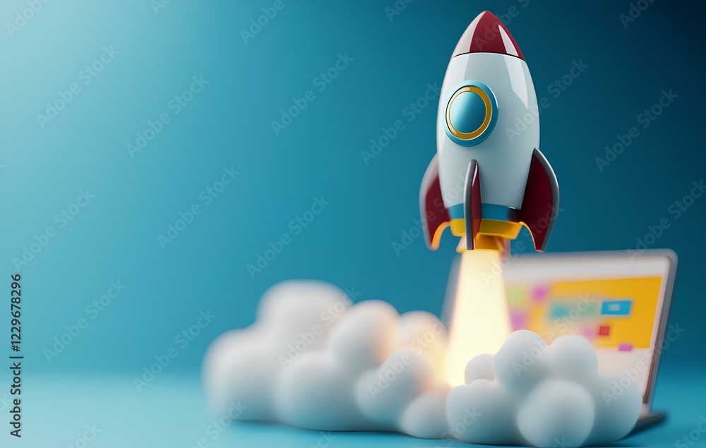 Poster 3d icon of a rocket taking off, with a chart and graph on top showing an upward trend, and a bar gra