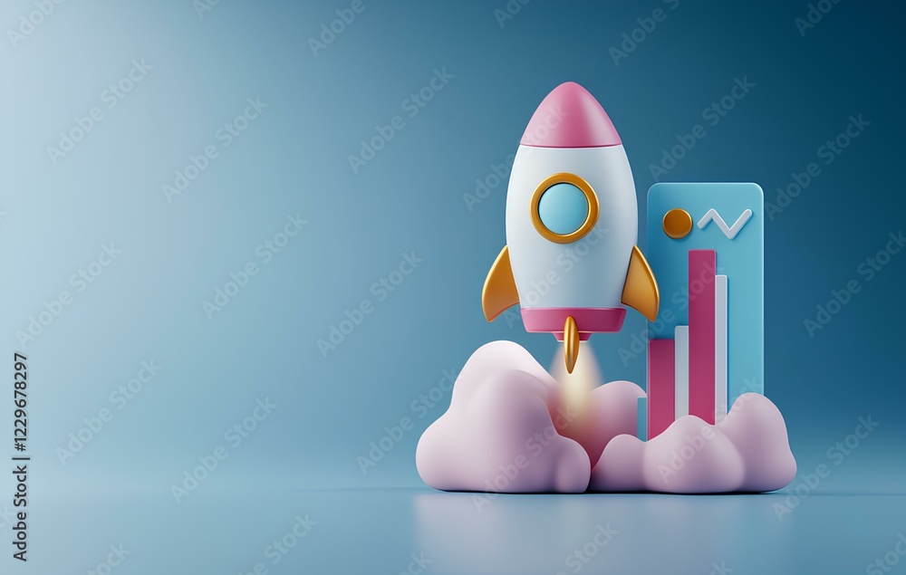Poster 3d icon of a rocket taking off, with a chart and graph on top showing an upward trend, and a bar gra