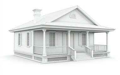 White suburban cottage house with porch on empty background, ideal for customization