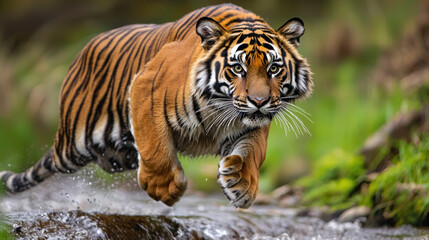 Obraz premium tiger leaping over stream, showcasing its strength and agility in lush environment