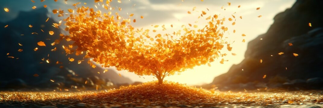 Heart-shaped autumn tree with golden leaves falling in a scenic landscape.