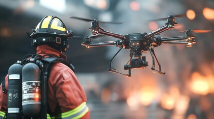 Firefighter deploying a high-tech drone for industrial fire surveillance, futuristic safety technology, clean commercial presentation.