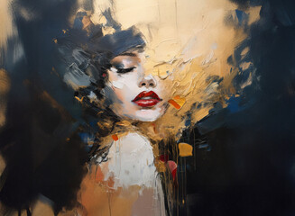 A captivating portrait of a woman, rendered in expressive brushstrokes.  Warm golds and cool darks contrast beautifully, creating a sense of movement and depth. The woman's features are subtly defined