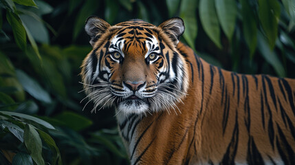 Majestic tiger with striking stripes gazing through dense jungle foliage, exuding power and grace