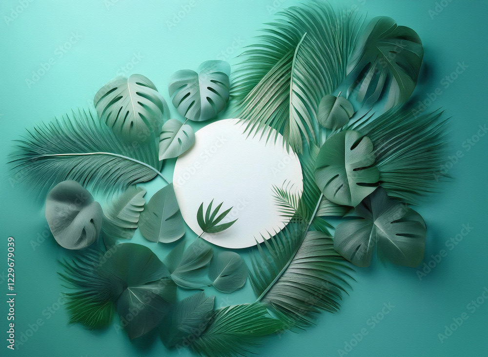 Poster a circular white space is nestled amidst an array of lush, tropical leaves in varying shades of gree
