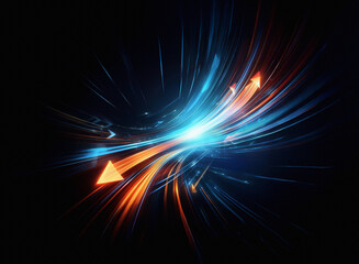 Intense, dynamic light streaks converge and diverge in a cosmic, abstract swirl of blue and orange energy, set against a dark void.  The visual evokes speed and power.